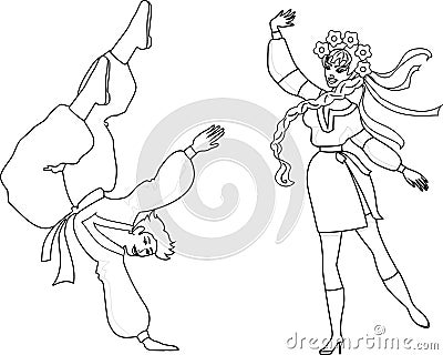 Ukrainian national dance hopak. A girl and a guy are dancing a dance in national Ukrainian costumes. Black outline. Vector Illustration